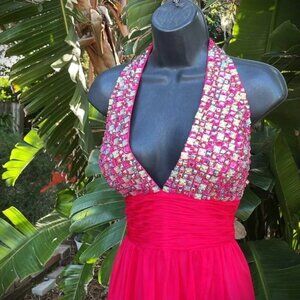 "Gorgeous" Alyce beaded halter slit front full circle skirt formal dress